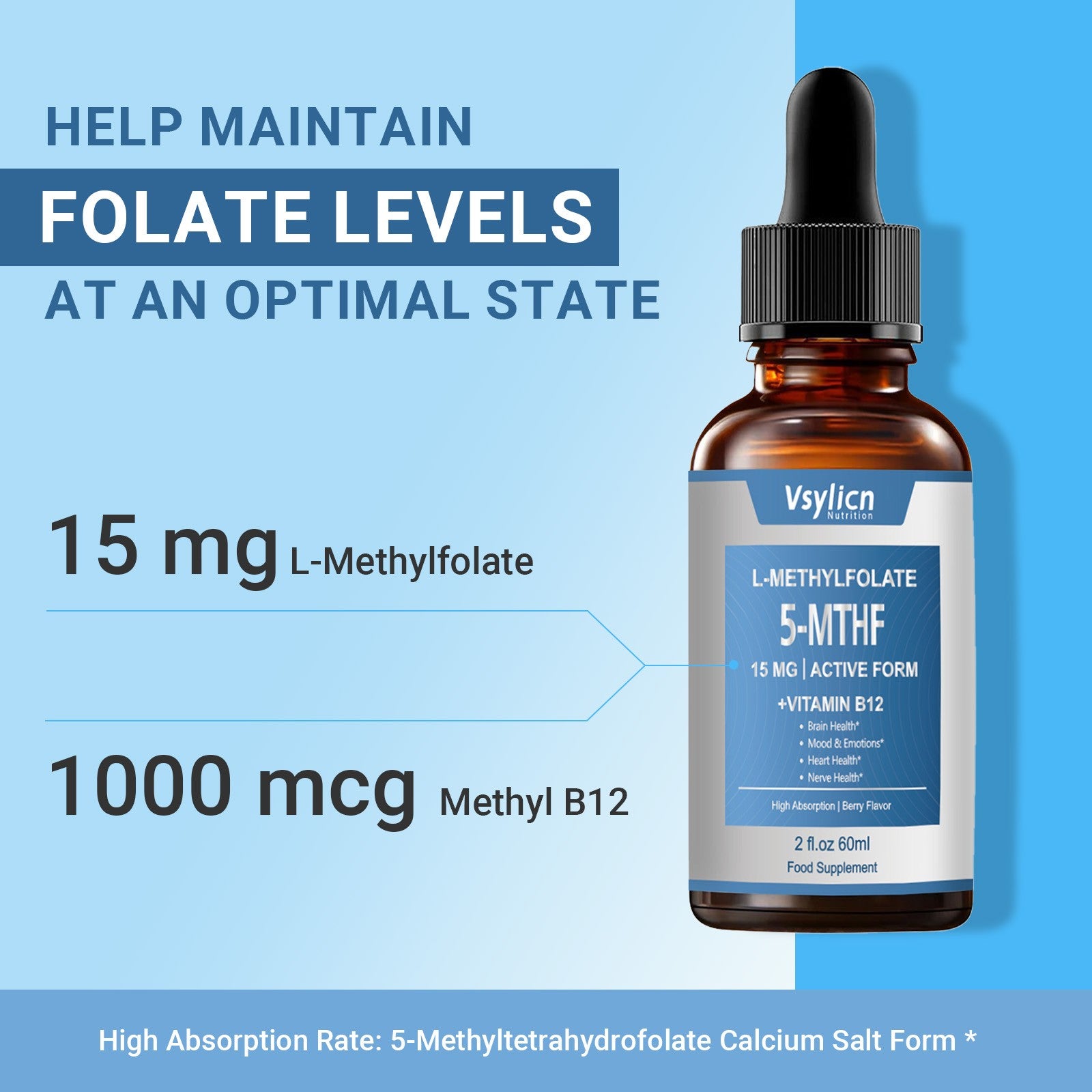 15mg L-Methylfolate & 1000mcg B12 Drop - for Brain, Nerve & Mood Support 60ml