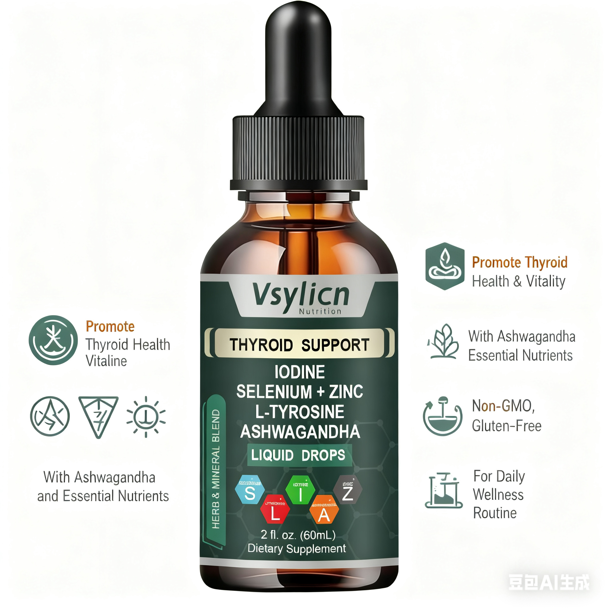 Iodine Selenium Zinc Thyroid Drops with L-Tyrosine & Ashwagandha for Energy 60ml