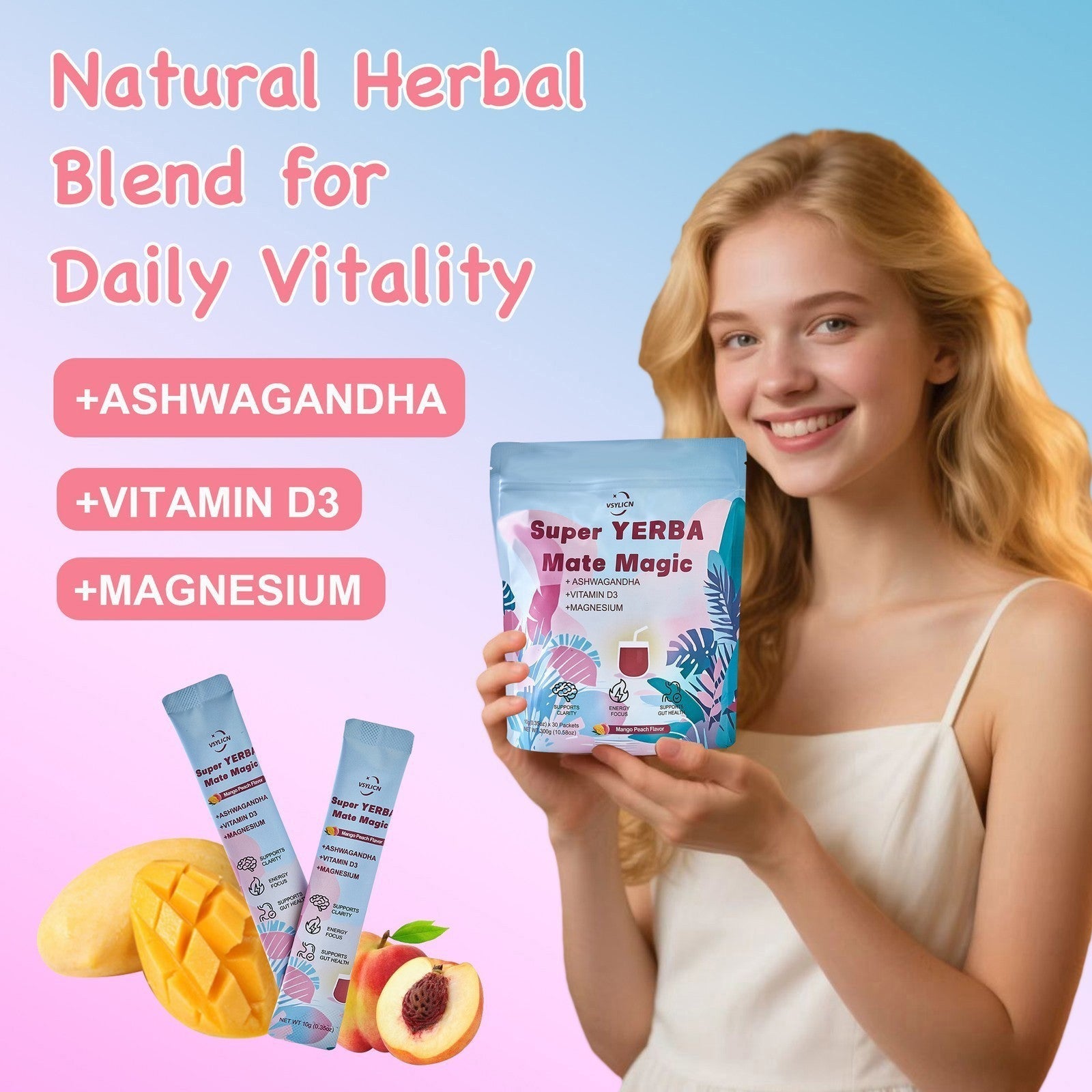 Yerba Magic Yerba Mate Instant Tea Powder, For Detox & Gut Health, Peach Mango