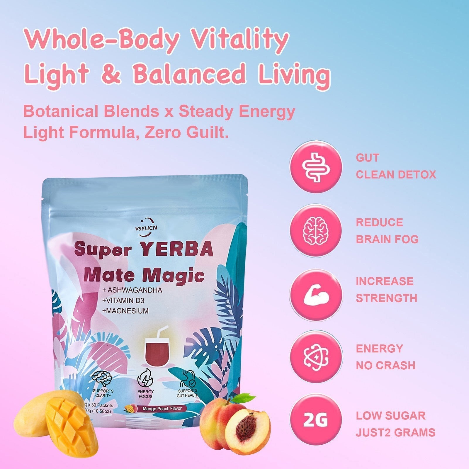 Yerba Magic Yerba Mate Instant Tea Powder, For Detox & Gut Health, Peach Mango