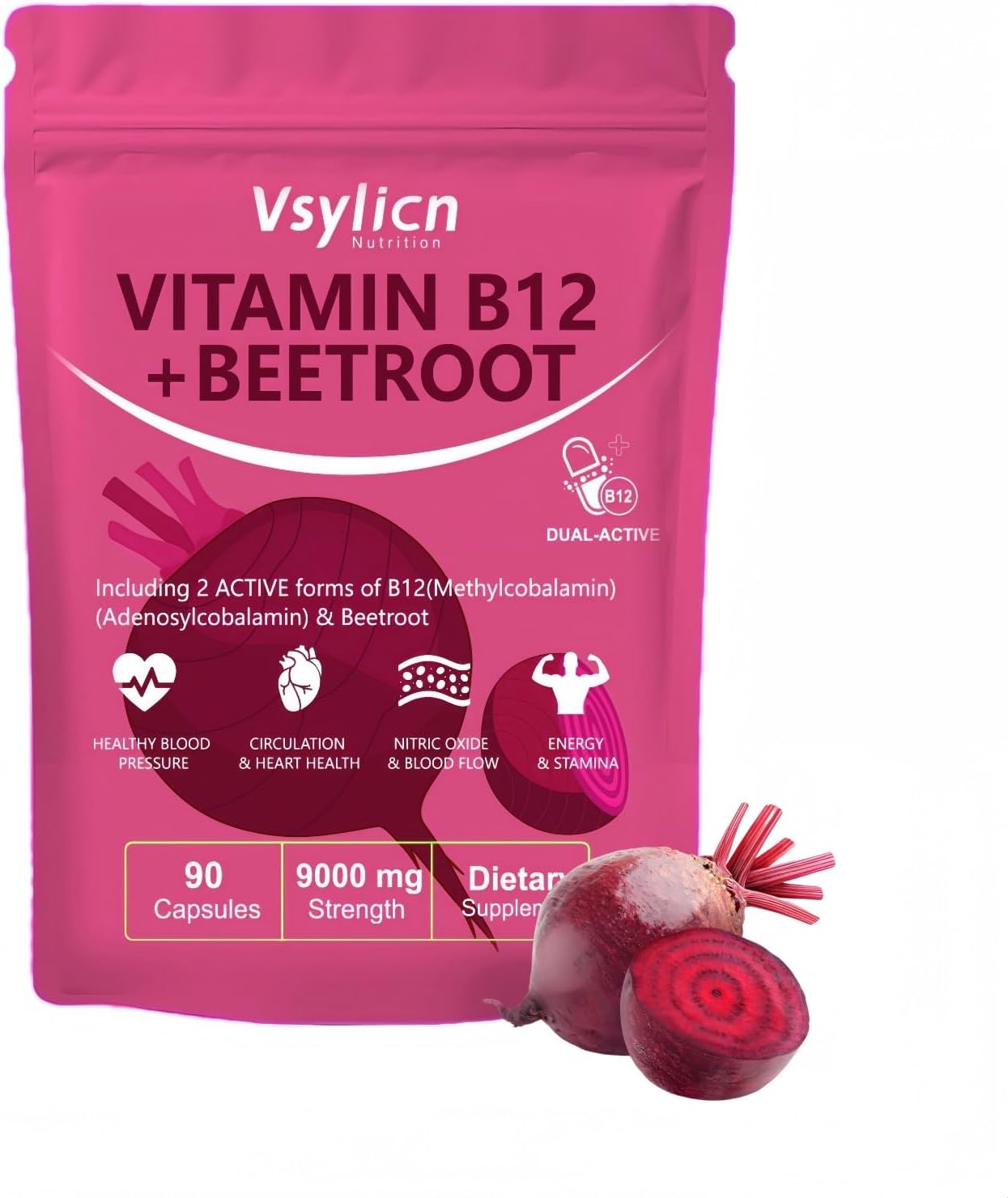 Organic Beetroot Extract Capsules 9000mg - High Strength Beetroot Supplement - 90 Vegan Capsules - 1000mcg Dual B12 (Methylcobalamin & Adenosylcobalamin) – Energy & Immune Support
