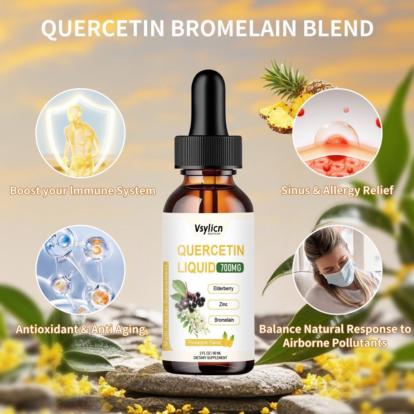 Liposomal Quercetin with Bromelain Liquid Drops 60ml Antioxidant &Immune Support
