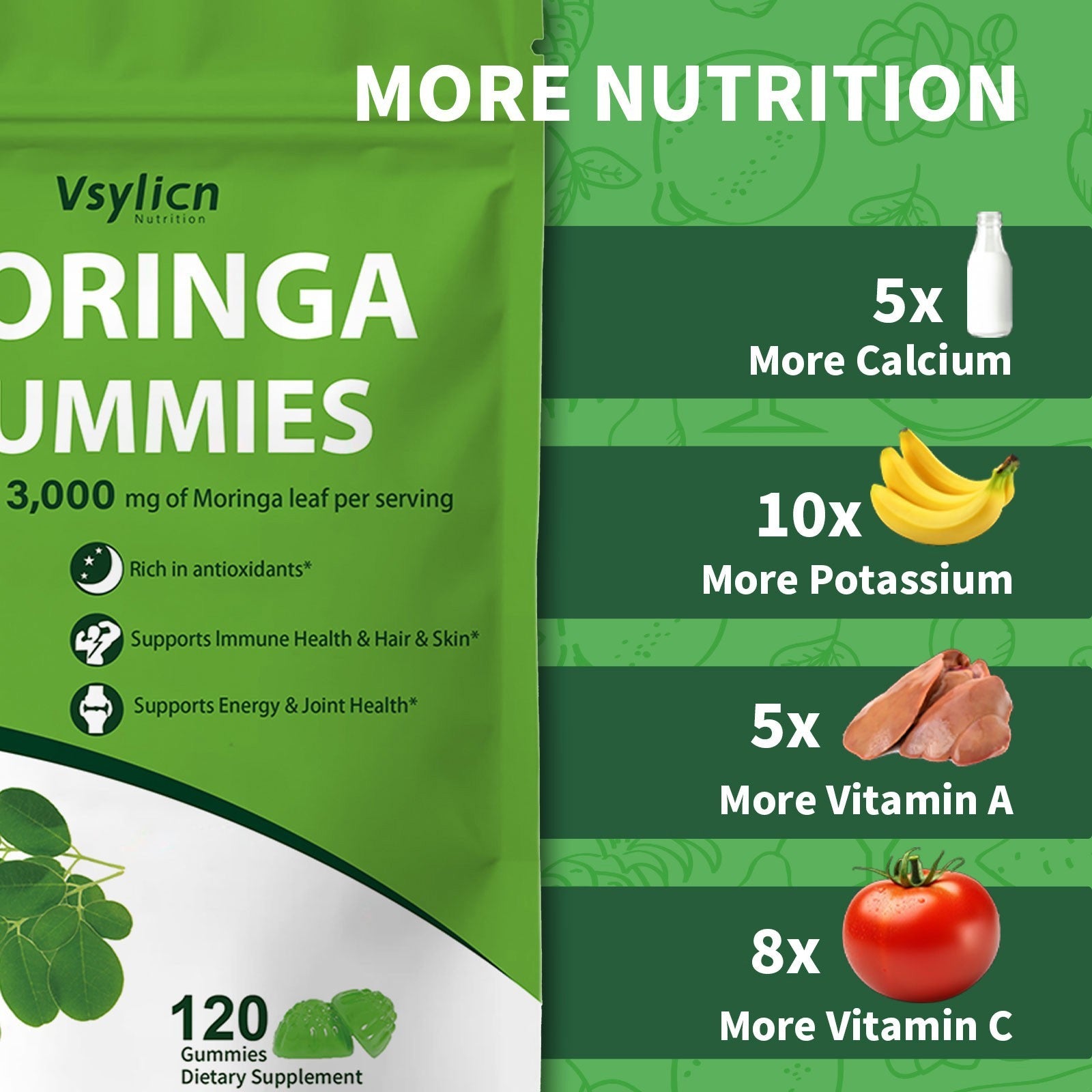 120 Moringa Gummies 3000mg,High Strength Moringa Leaf Extract,Antioxidant Supply