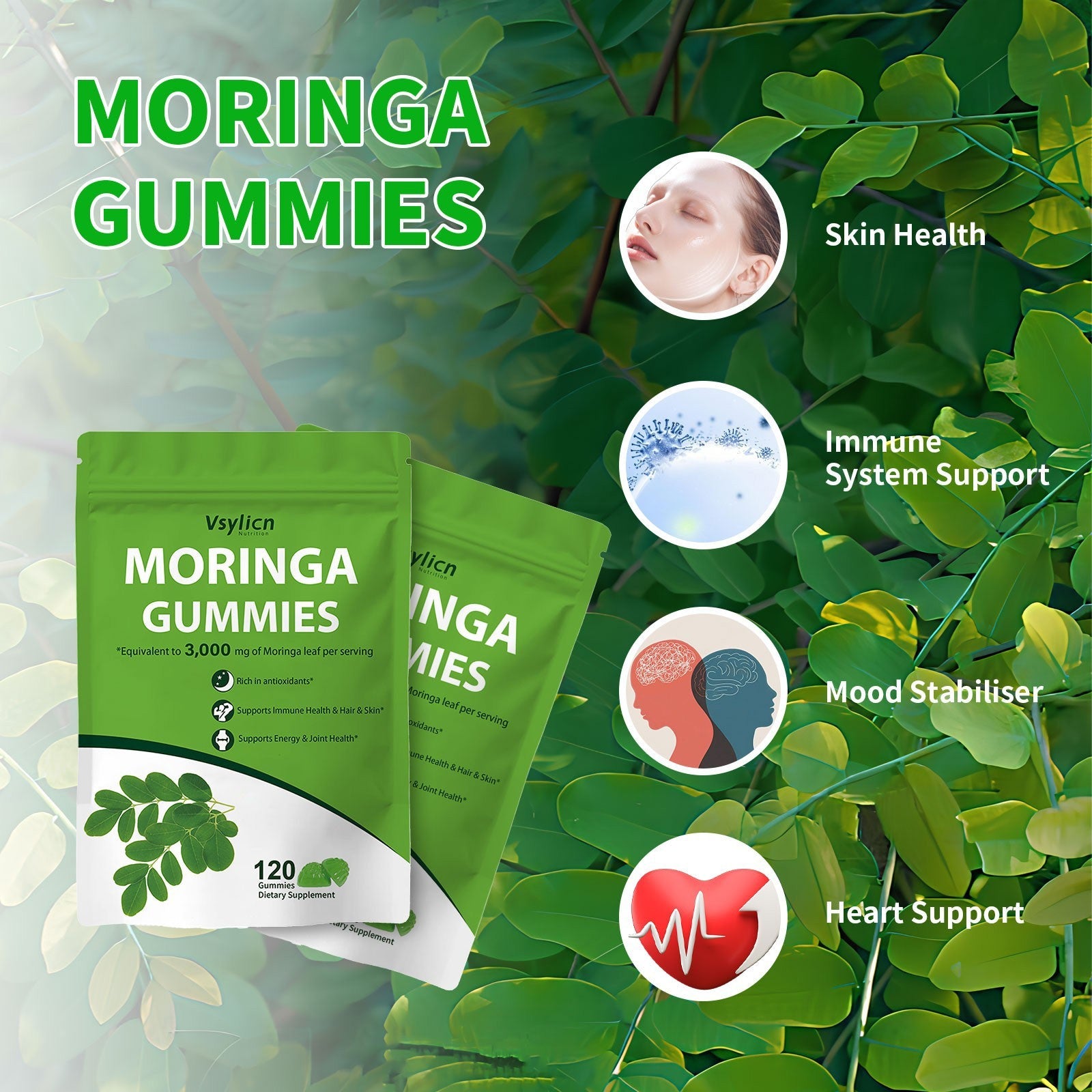 120 Moringa Gummies 3000mg,High Strength Moringa Leaf Extract,Antioxidant Supply