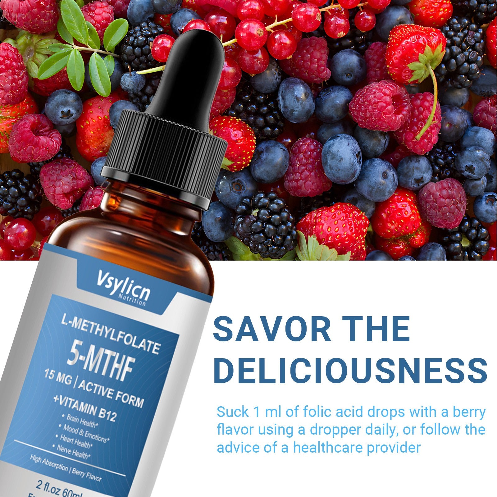 15mg L-Methylfolate & 1000mcg B12 Drop - for Brain, Nerve & Mood Support 60ml