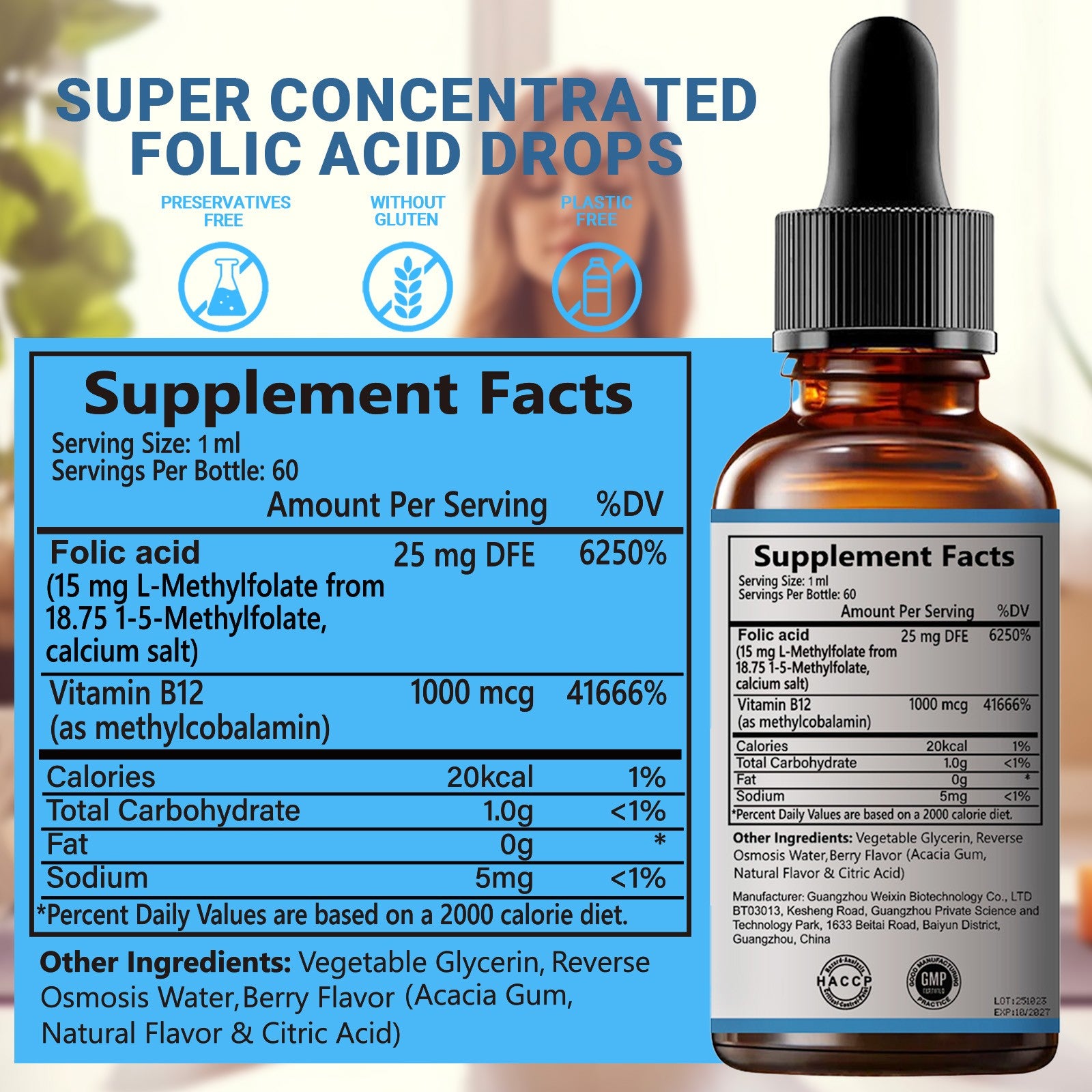 15mg L-Methylfolate & 1000mcg B12 Drop - for Brain, Nerve & Mood Support 60ml