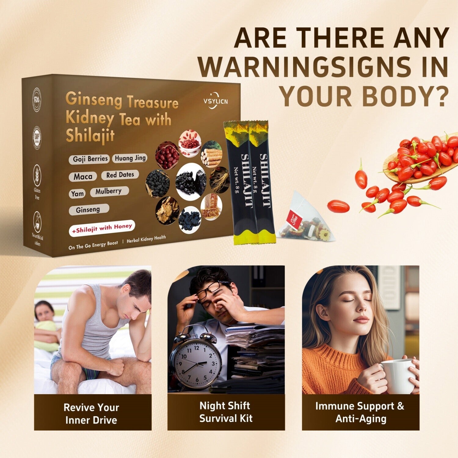 Organic Formula Ginseng Five Treasure Tea, Kidney Tea Chinese Herbal Tea for Men