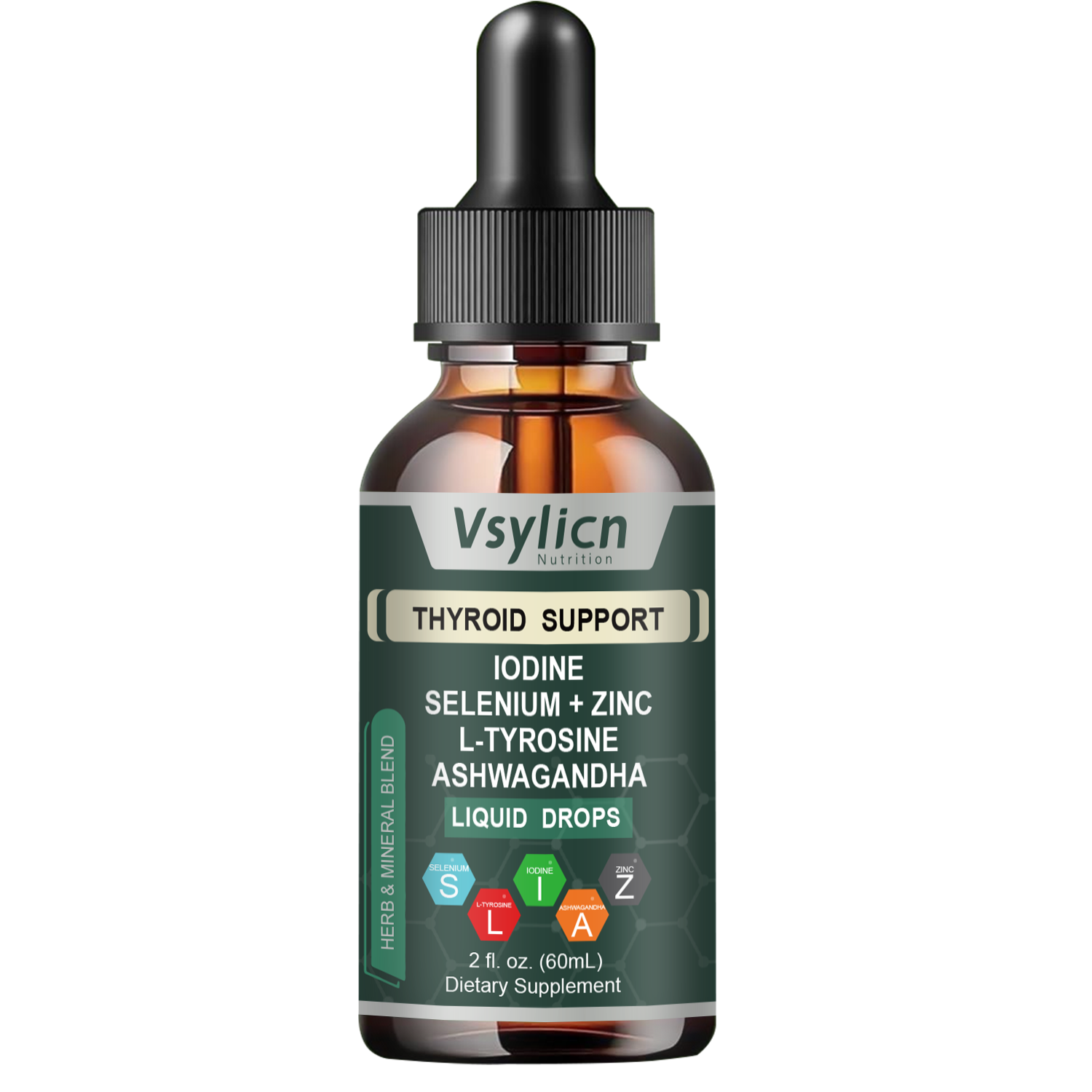 Iodine Selenium Zinc Thyroid Drops with L-Tyrosine & Ashwagandha for Energy 60ml